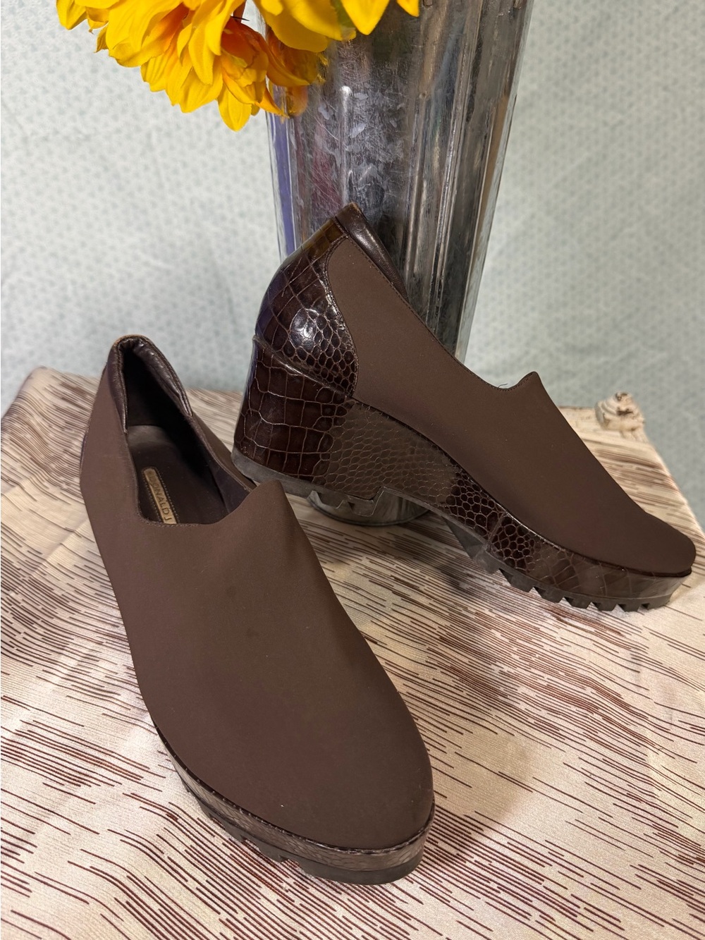 Donald J. Pliner Brown Croc-Accent Slip-On Wedge Mules